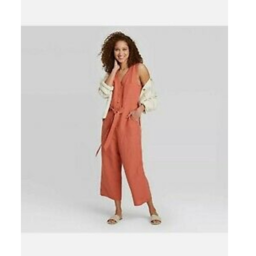 Women Sleeveless Linen Jumpsuit New Day Coral Red